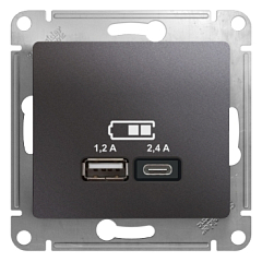 GLOSSA USB РОЗЕТКА A+С, 5В/2,4А, 2х5В/1,2 А, механизм, ГРАФИТ